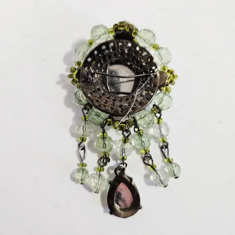 Vintage Victorian Revival Green Rhinestone Beaded Dangle Teardrop Brooch Pin